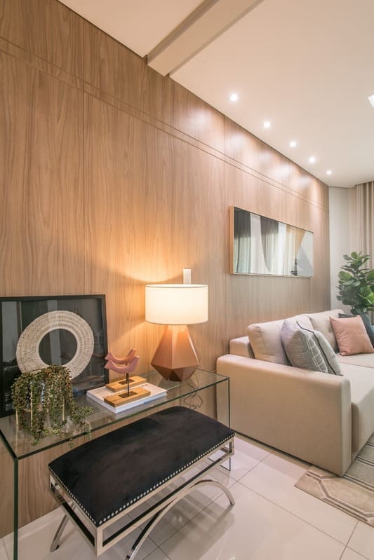 Accord lampshade on a glass table next to a sofa