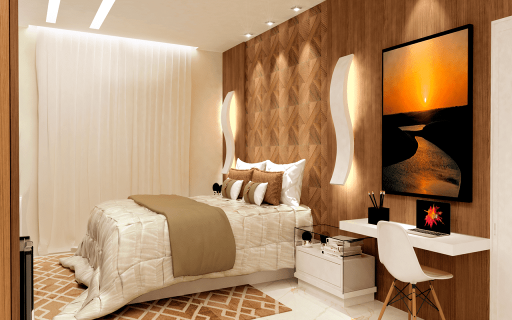 Quarto de casal com painel em madeira e arandelas Accord