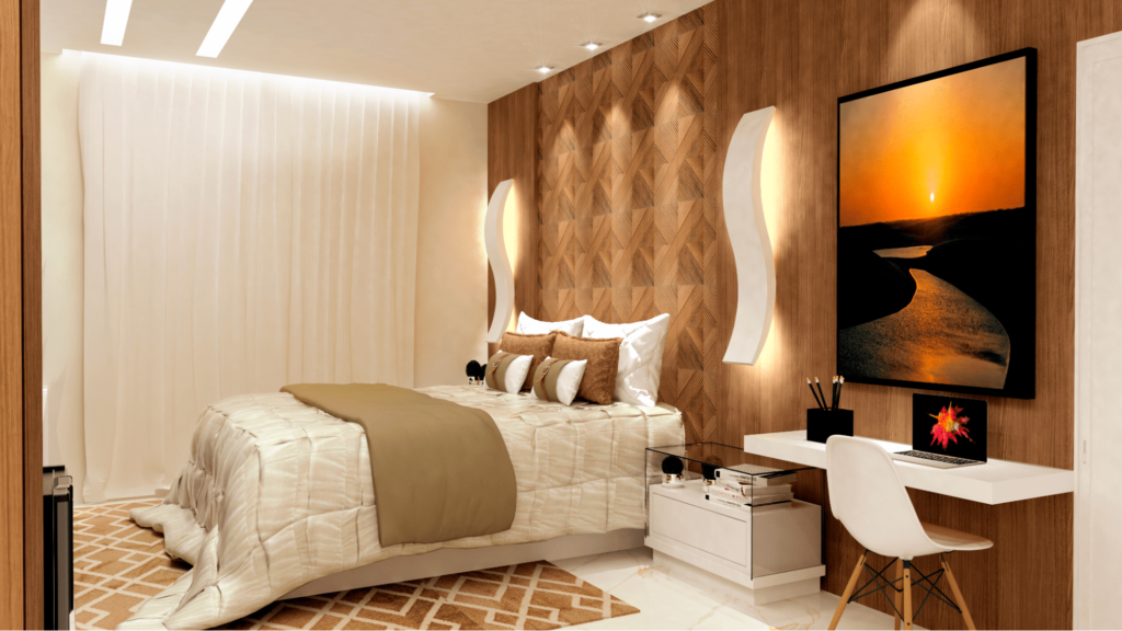 Interior de quarto de hotel com arandelas em painel amadeirado