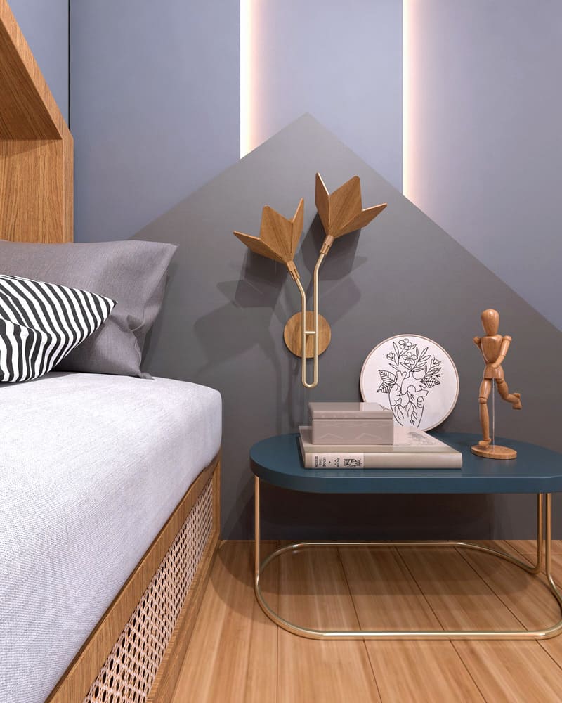 Nightstand next to a bed close to an Accord sconce.