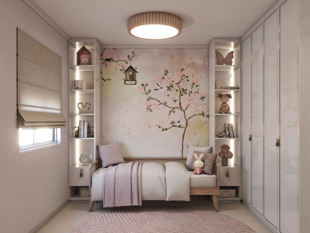 Children's bedroom with playful decoration and plafon centralized in the environment